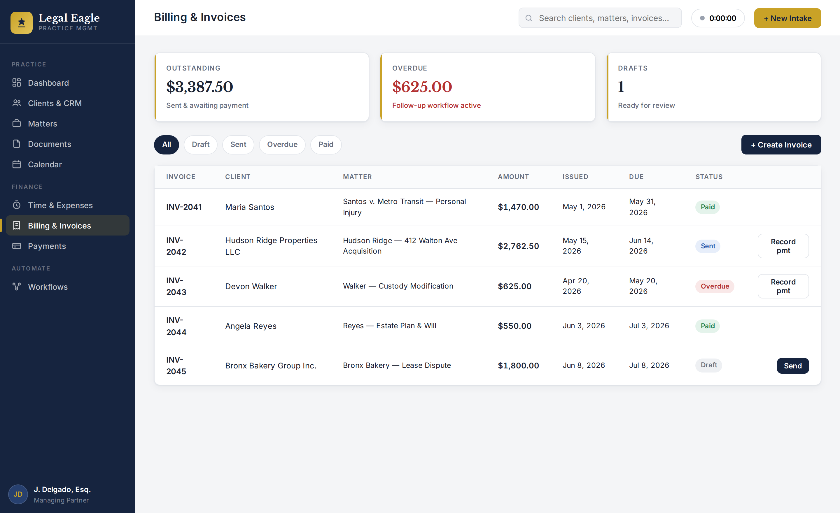 Billing view with outstanding, overdue and draft invoice totals