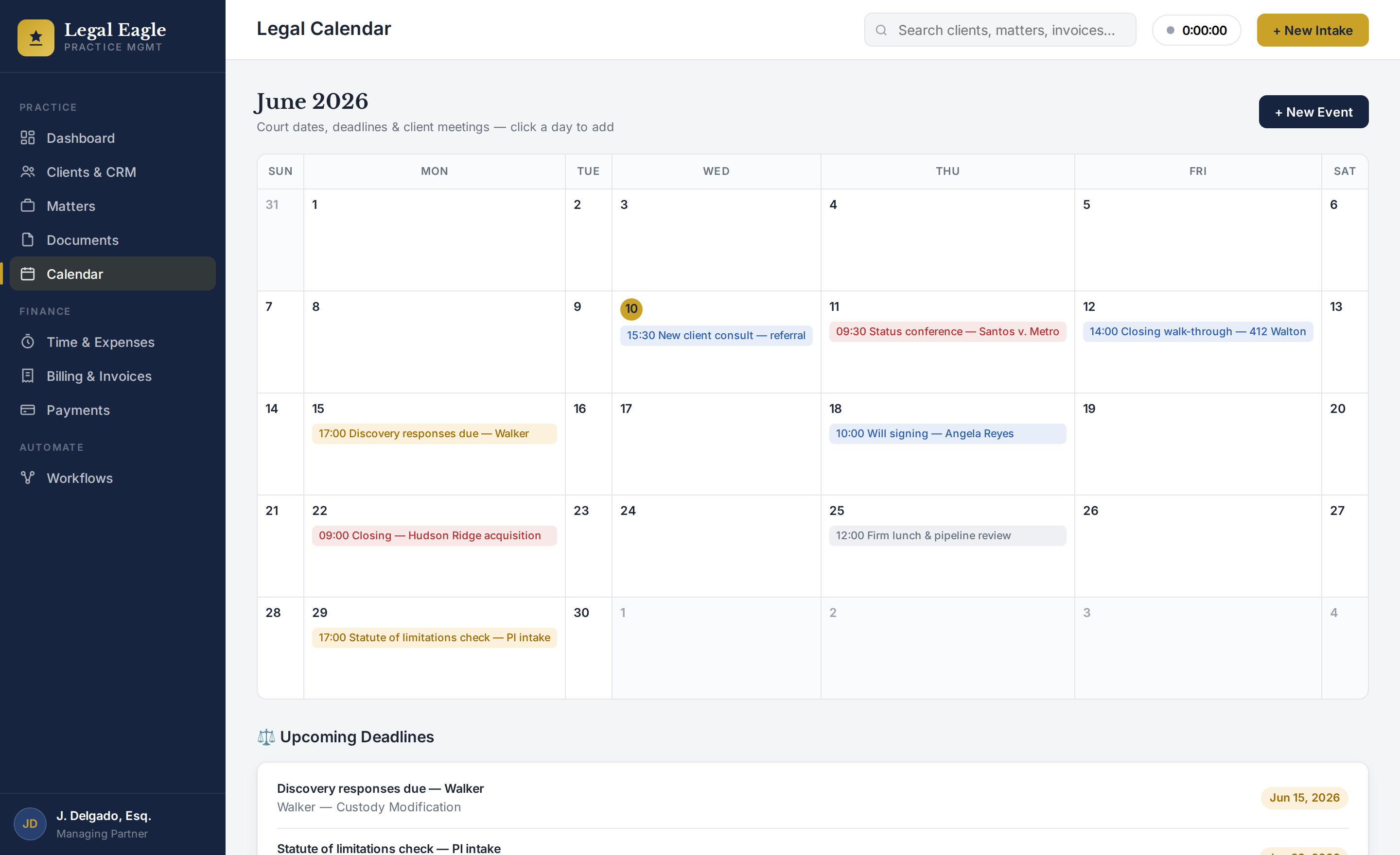 Legal calendar month view with color-coded court dates, deadlines and meetings