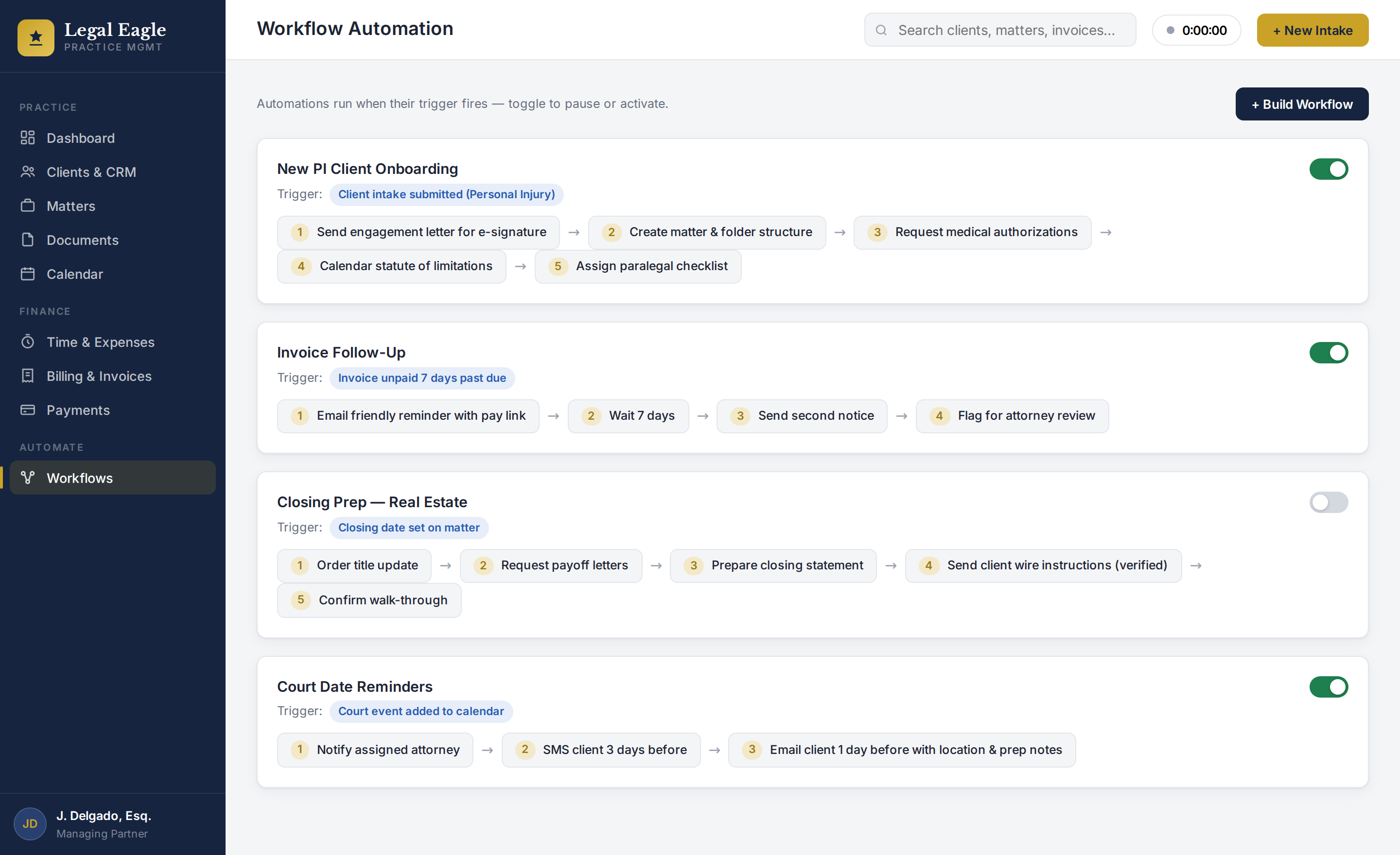 Workflow automation view with toggleable automations and visible steps